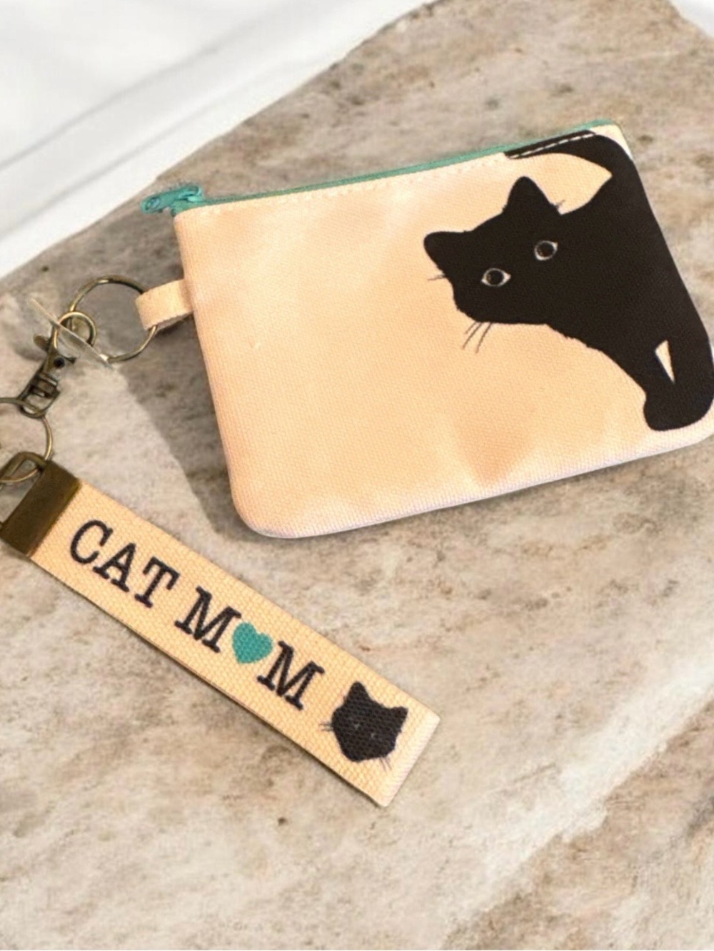 Cat Mom Canvas Keyring Pouch in Peach with Black Cat Design